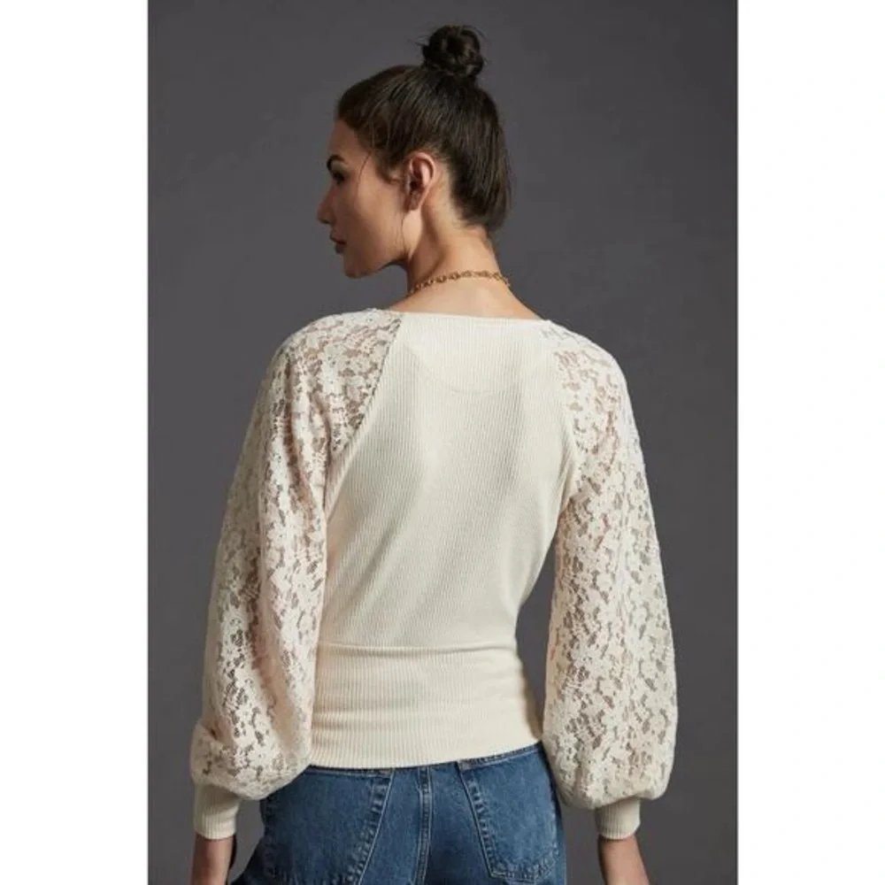 ANTHROPOLOGIE Lace Balloon Sleeve Cream Knit Faux Wrap Front Sweater Top Sz XS